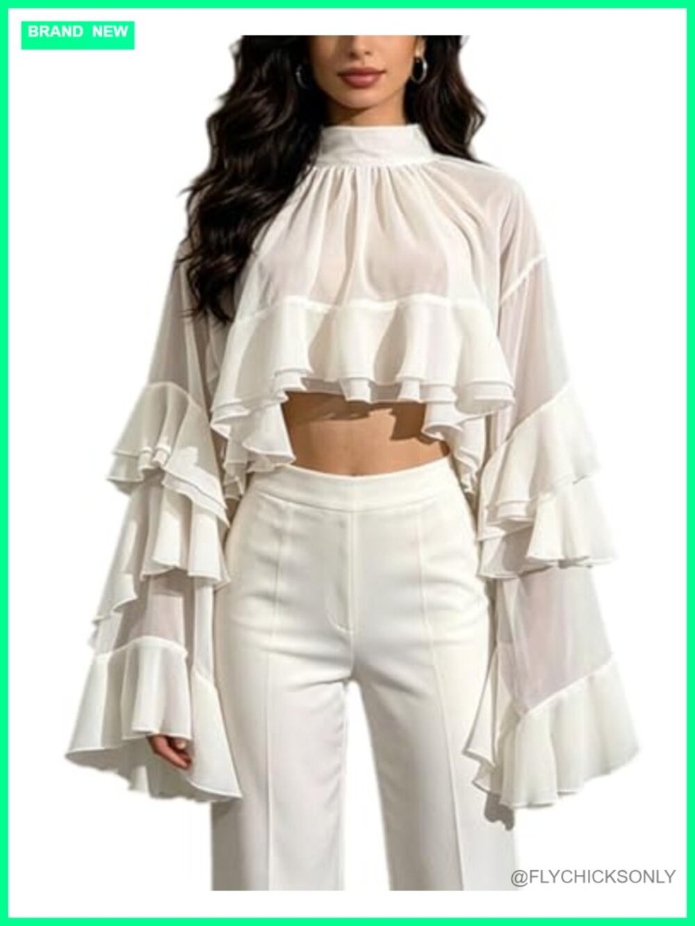 Women's Sheer Chiffon Ruffle Sleeve High Neck Blouse